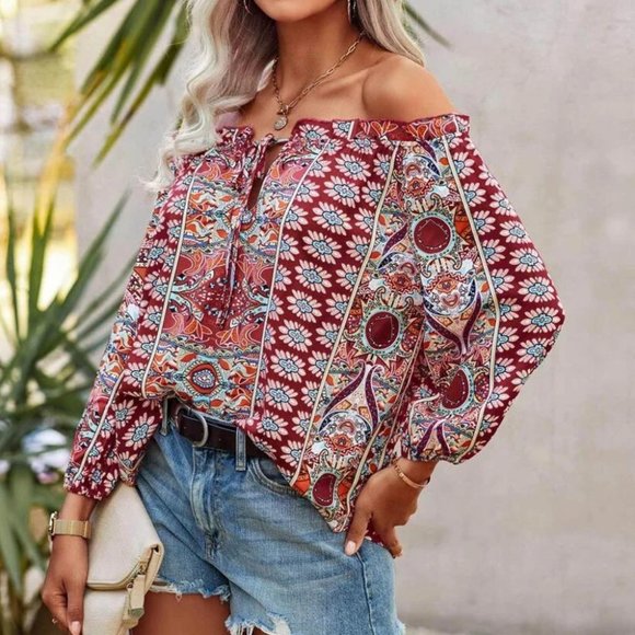 Boho Floral Print Off Shoulder Blouse burgundy - Picture 2 of 4